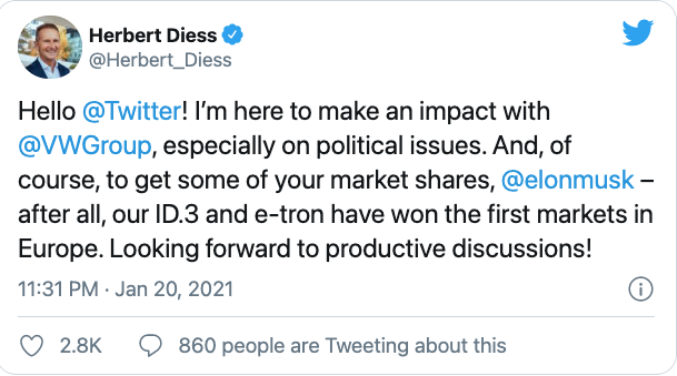  大众CEO开通Twitter账号，第一件事就是向特斯拉的马斯克发战书
