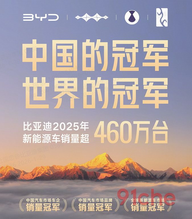 包揽中国&全球销冠！比亚迪2025年460万销量续写新能源传奇