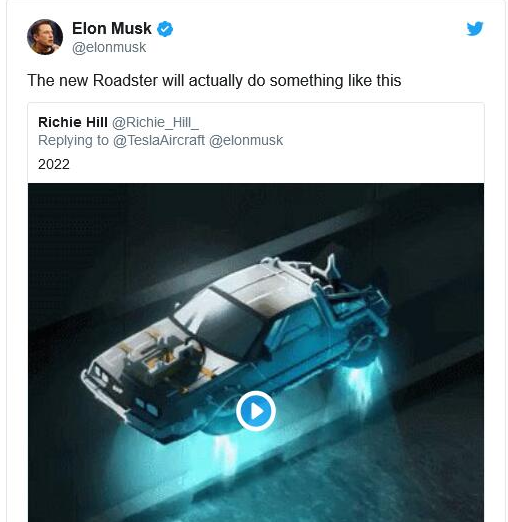 马斯克：2020年推出可以飞行的新一代Roadster跑车