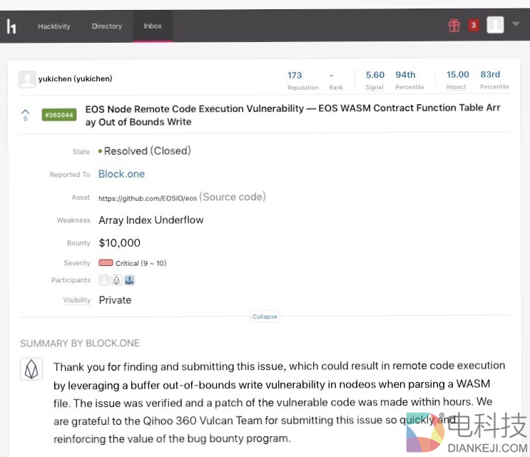 刚刚，EOS向360发布3万美金致谢