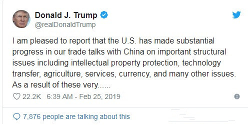 特朗普称推迟提高对华关税的最后期限