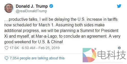 特朗普称推迟提高对华关税的最后期限