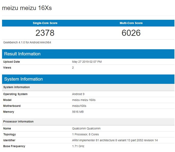 魅族16Xs现身GeekBench 单核2378，多核6026
