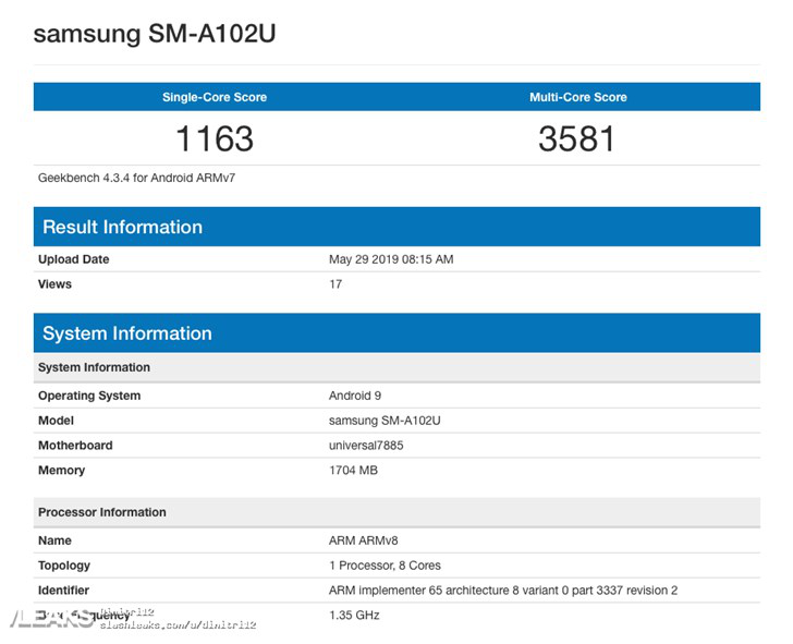 三星A10E Geekbench跑分曝光 单核1163分、多核3581分
