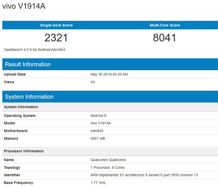 iQOO Neo 跑分曝光 单核2321、多核8041