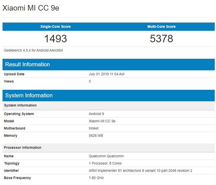 Geekbench曝光小米CC9e跑分：单核1493、多核5378