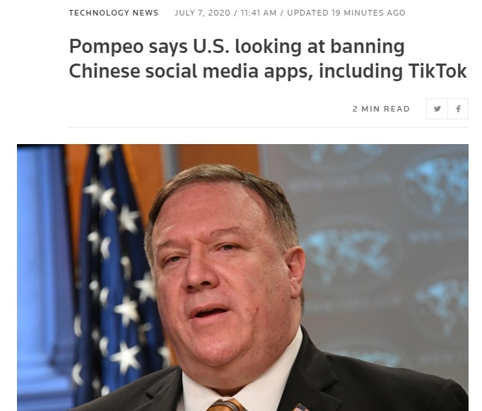  又遇一遭，蓬佩奥称美国在考虑禁止TikTok等中国应用