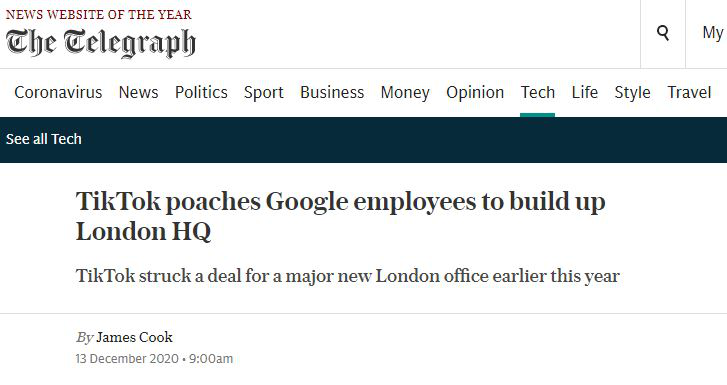 英媒：TikTok扩大欧洲团队 伦敦办公室吸引众多谷歌、脸书前员工加入