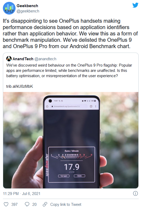 一加9和一加9 Pro被发现在基准测试中作弊 Geekbench已将其除名