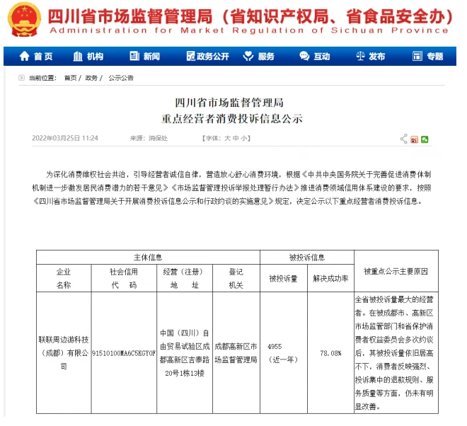 联联周边游科技因投诉量最大被点名 曾被多次约谈“仍未明显改善”