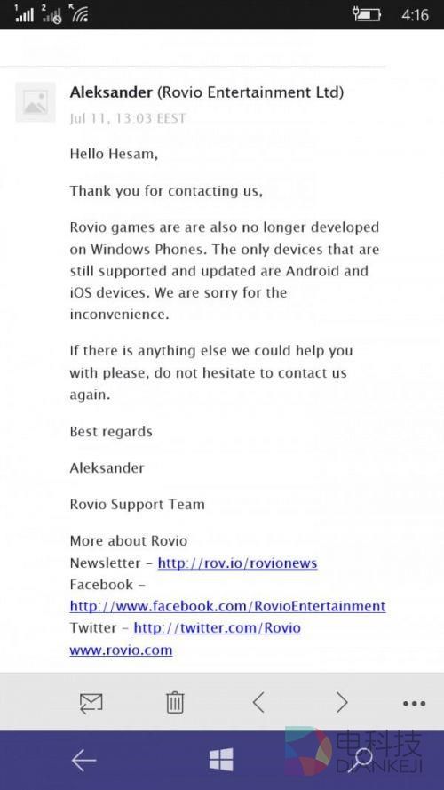 《愤怒的小鸟》宣布放弃Windows手机：不再更新