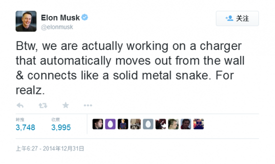 马斯克：将为Model S研发自动充电系统