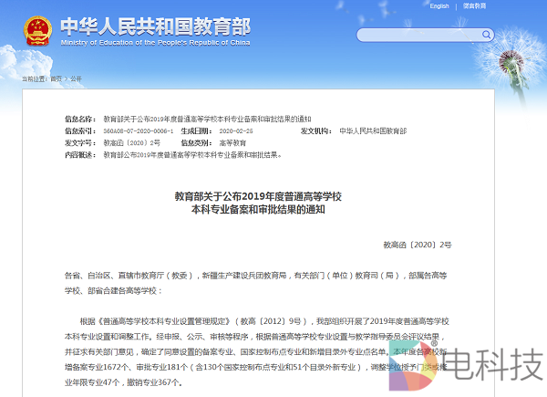 2020年度我国高校新增虚拟现实技术本科专业