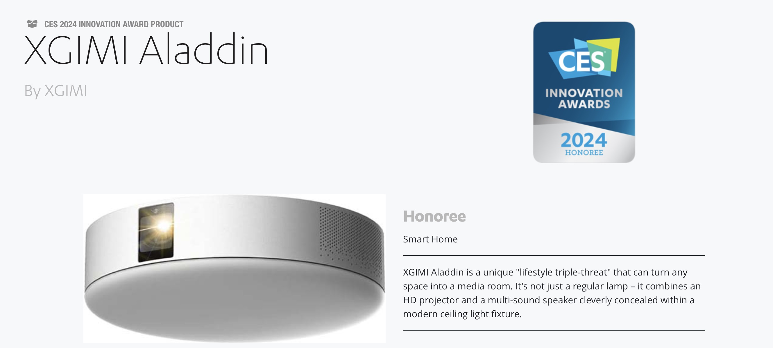  极米Aladdin智能投影吸顶灯获2024 CES创新大奖 国际大奖达到82项
