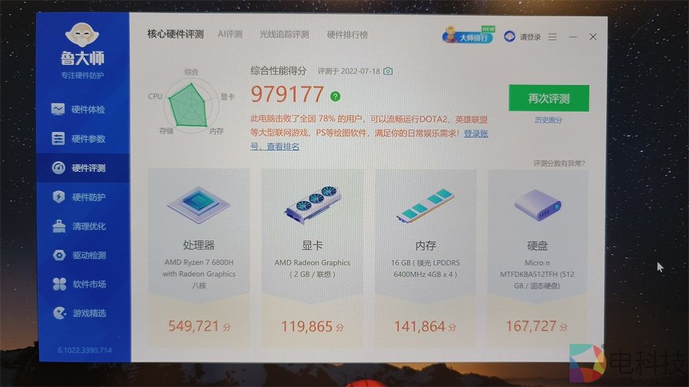 联想笔记本Thinkbook14锐龙6800H鲁大师